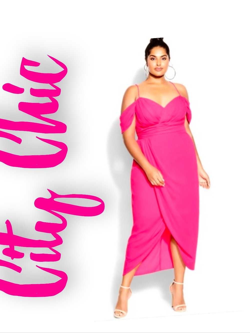 City Chic Hot Pink Off-Shoulder High-Low Maxi Dress